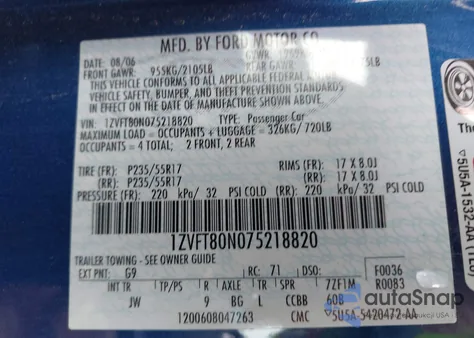 2007 Ford Mustang from USA, damaged, VIN 1ZVFT80N075218820